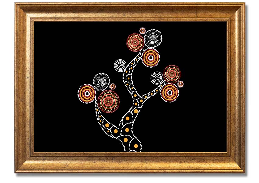Framed Aboriginal Tree 1 print showcasing vibrant colors and intricate patterns, ready to hang.